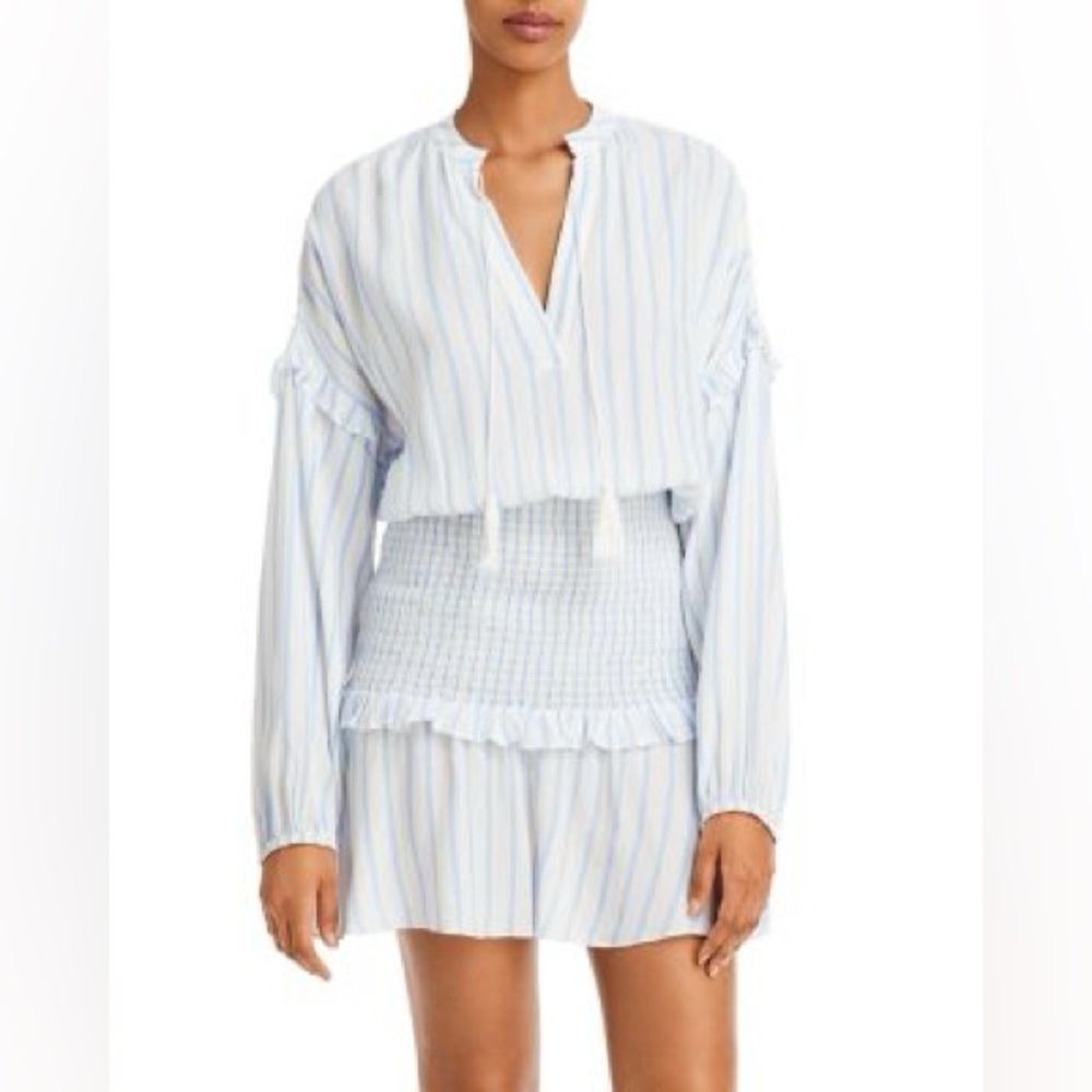 Women’s AQUA blue & white striped smocked mini dress- Size small